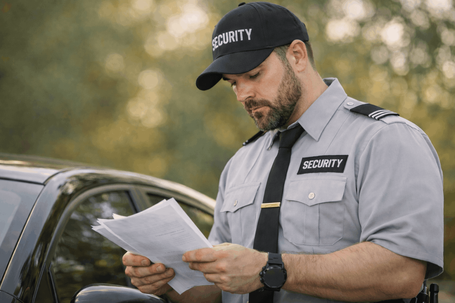 Licensed security guard reviewing documents on-site in Toronto representing Best Guard Security Inc’s professional security personnel and field operations
