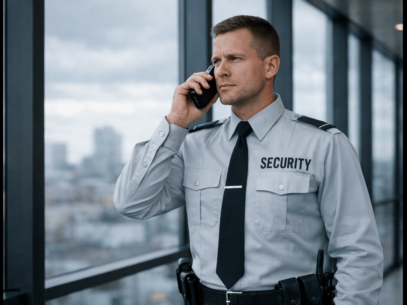 Security guard communicating on-site at a commercial building in Toronto representing Best Guard Security Inc’s professional and experienced security services across the GTA