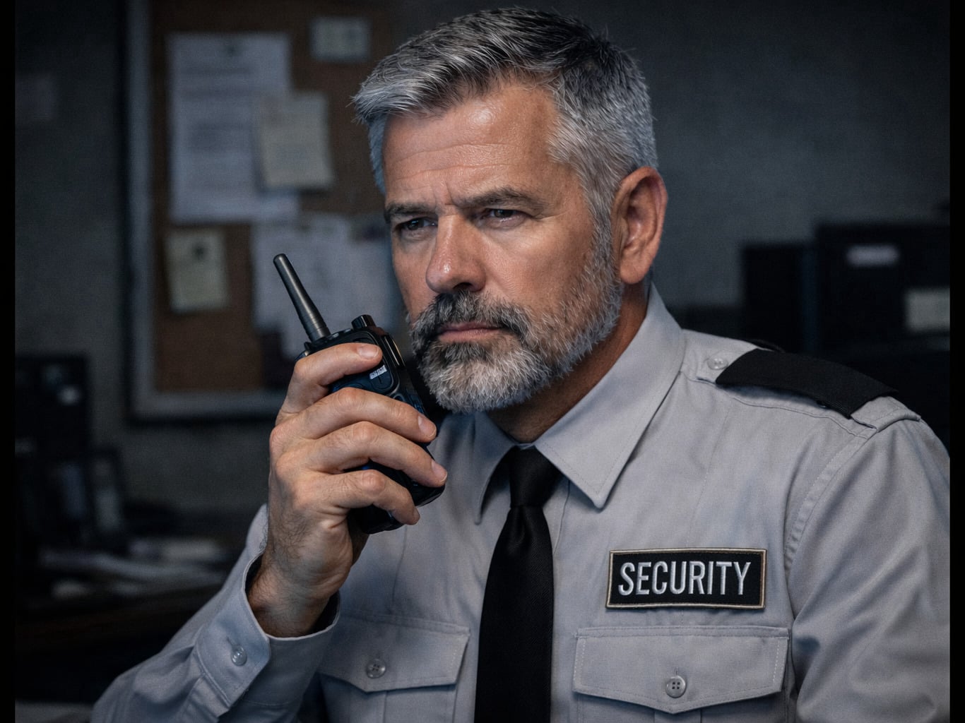Security guard communicating via radio during on-site operations in Toronto representing Best Guard Security Inc’s operational expertise and real-time security management