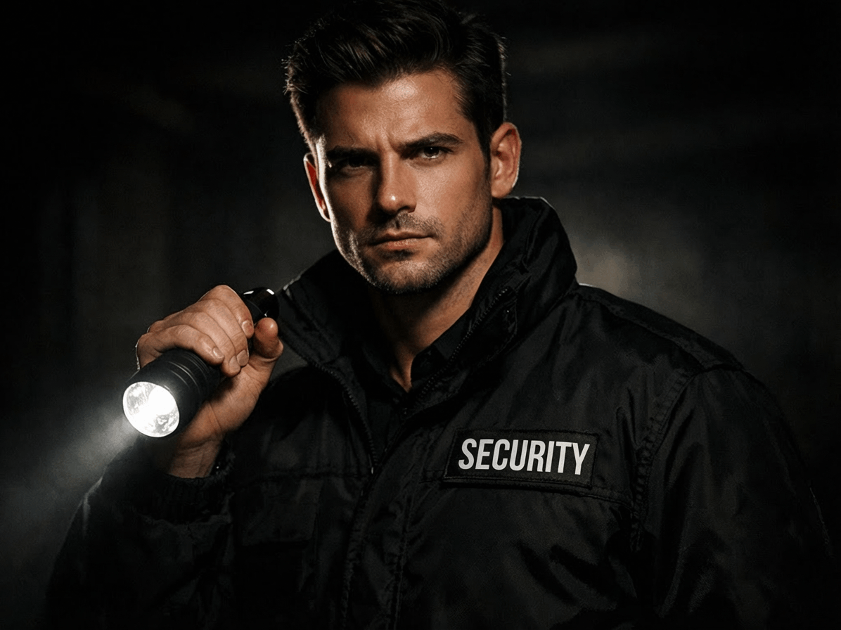Professional security guard providing industrial and warehouse security services and facility monitoring